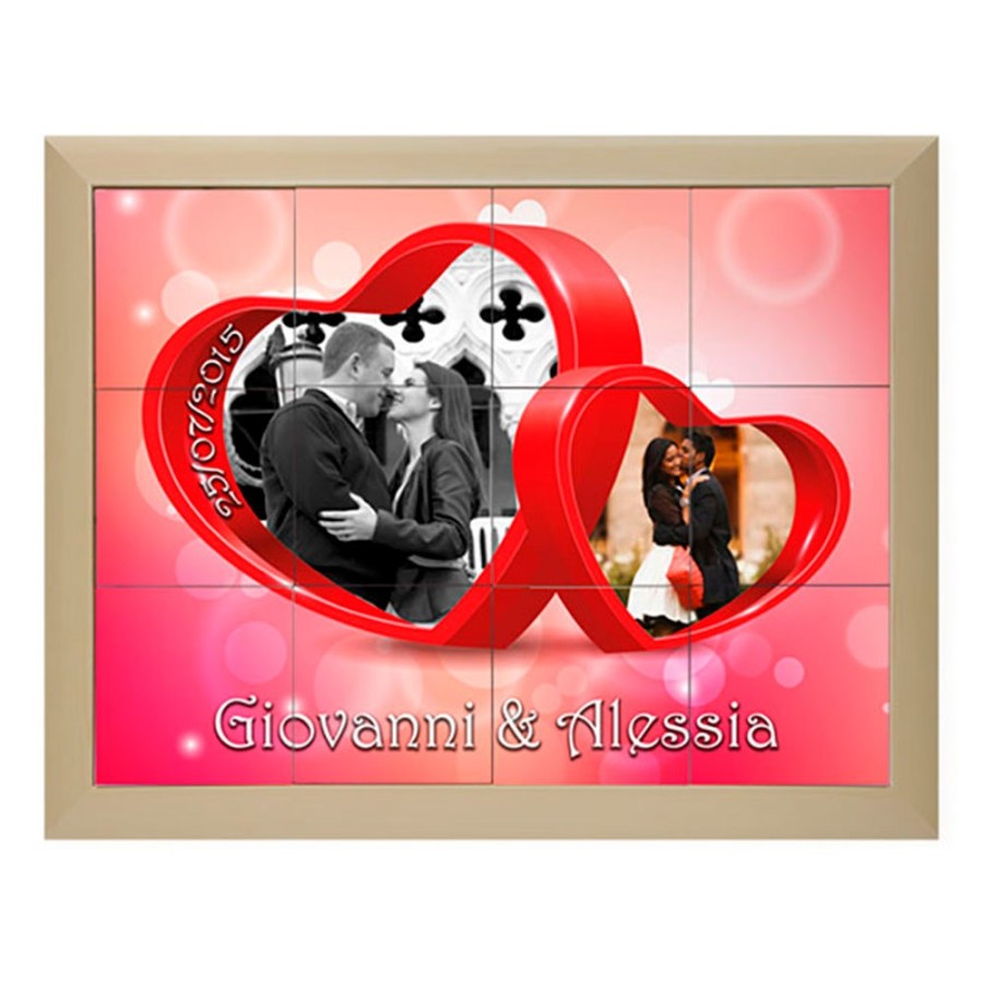 Mosaico di piastrelle con cornice personalizzato con nomi data e foto due cuori Love