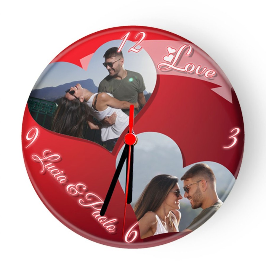 Orologio da parete in vetro personalizzato con foto e nomi love hearts Love