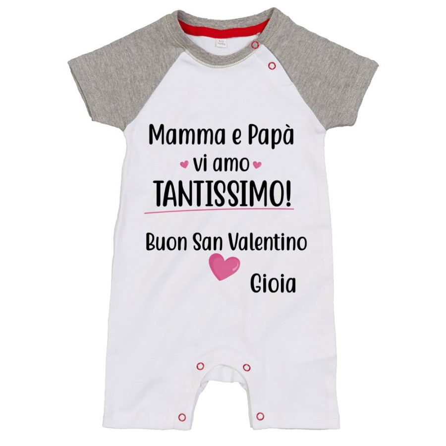 Pagliaccetto neonato personalizzato con nome mamma e papà vi amo tantissimo buon san valentino Love