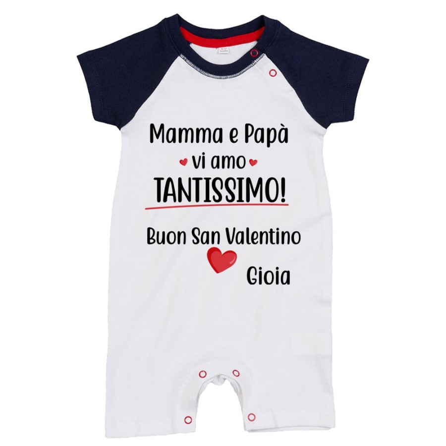 Pagliaccetto neonato personalizzato con nome mamma e papà vi amo tantissimo buon san valentino Love