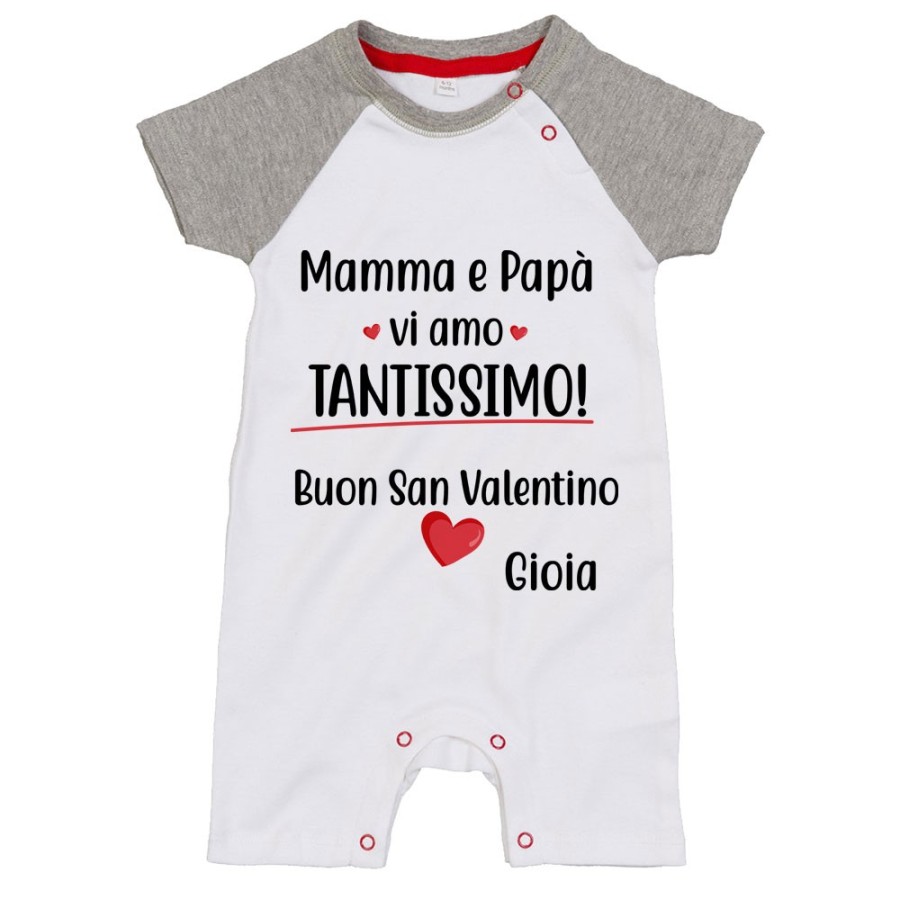 Pagliaccetto neonato personalizzato con nome mamma e papà vi amo tantissimo buon san valentino Love