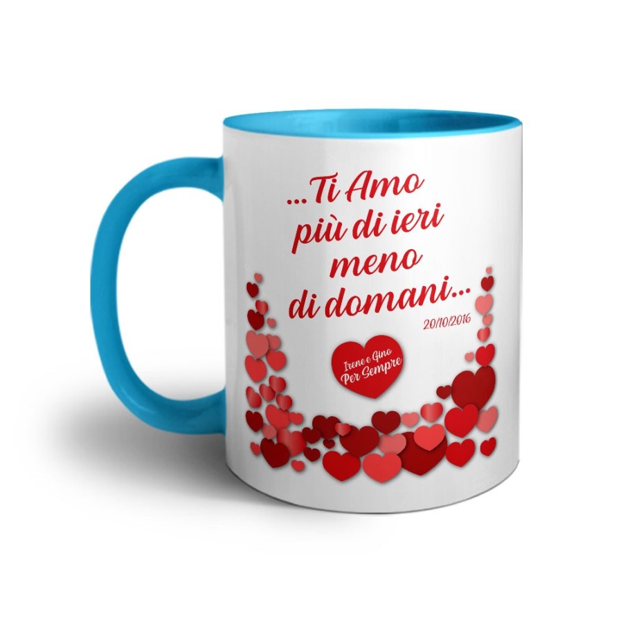 Tazza personalizzata con nomi e data ti amo più di ieri e meno di domani Love