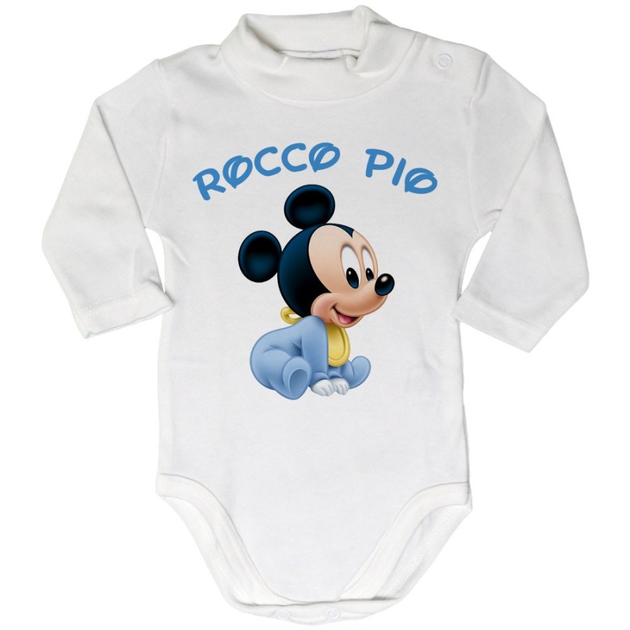 Body lupetto neonato personalizzato con nome baby topolino seduto Cartoon