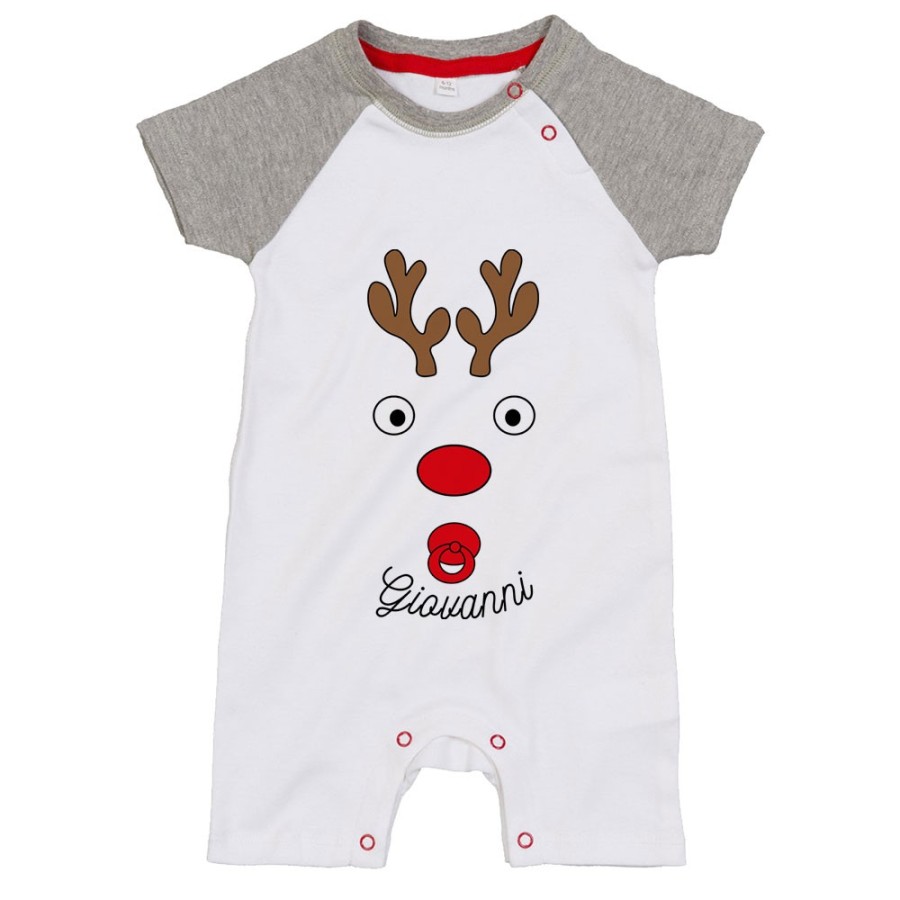 Pagliaccetto neonato personalizzabile con nome baby renna natalizia e ciuccio Natale