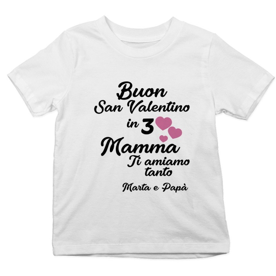 T-shirt bambino personalizzato con nomi buon san valentino in 3 mamma ti amiamo tantissimo Love