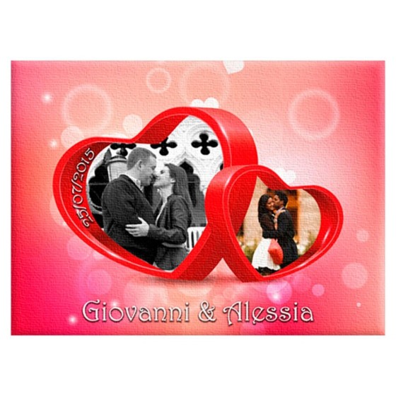 Quadro in tela personalizzata con nomi data e foto due cuori Love