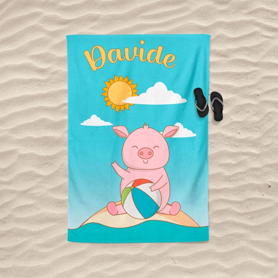 Telo mare personalizzato con nome maialino con la palla Animali