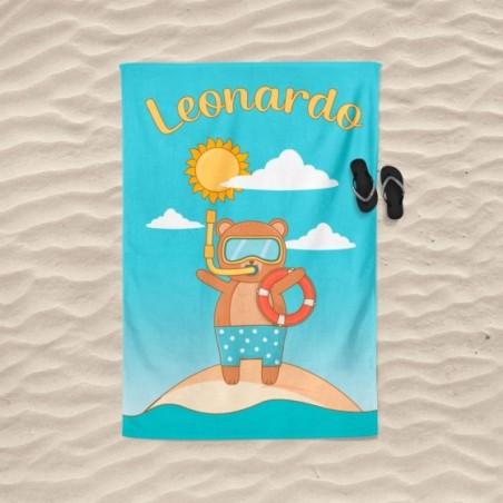Telo mare personalizzato con nome orso con boccaglio e salvagente Animali