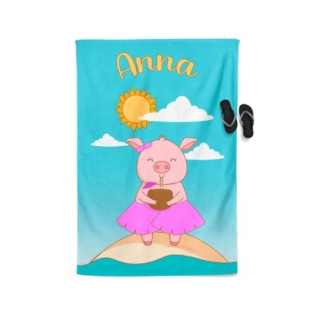 Telo mare personalizzato con nome maialino con drink Animali