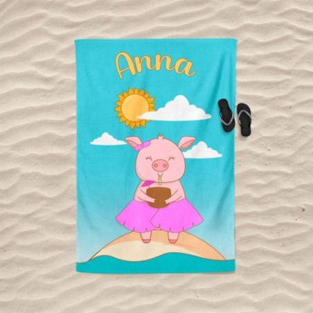 Telo mare personalizzato con nome maialino con drink Animali