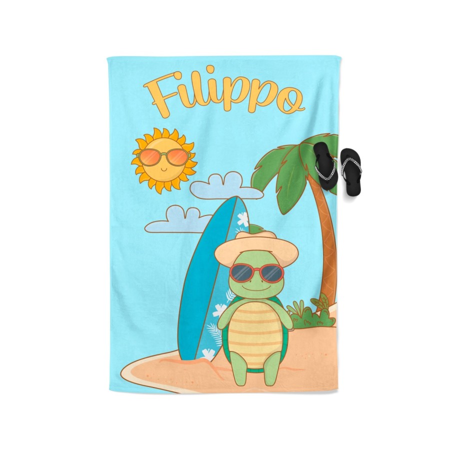 Telo mare personalizzato con nome tartaruga e tavola da surf Animali