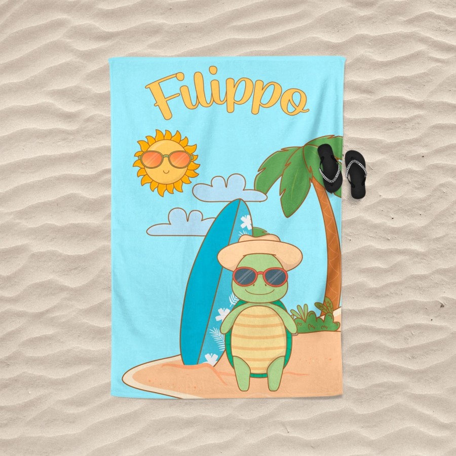 Telo mare personalizzato con nome tartaruga e tavola da surf Animali