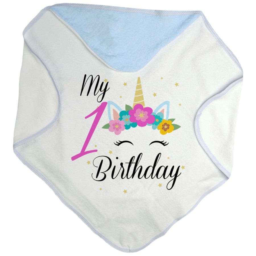 Accappatoio neonato personalizzabile con nome festa a tema unicorno e fiorellini Compleanno