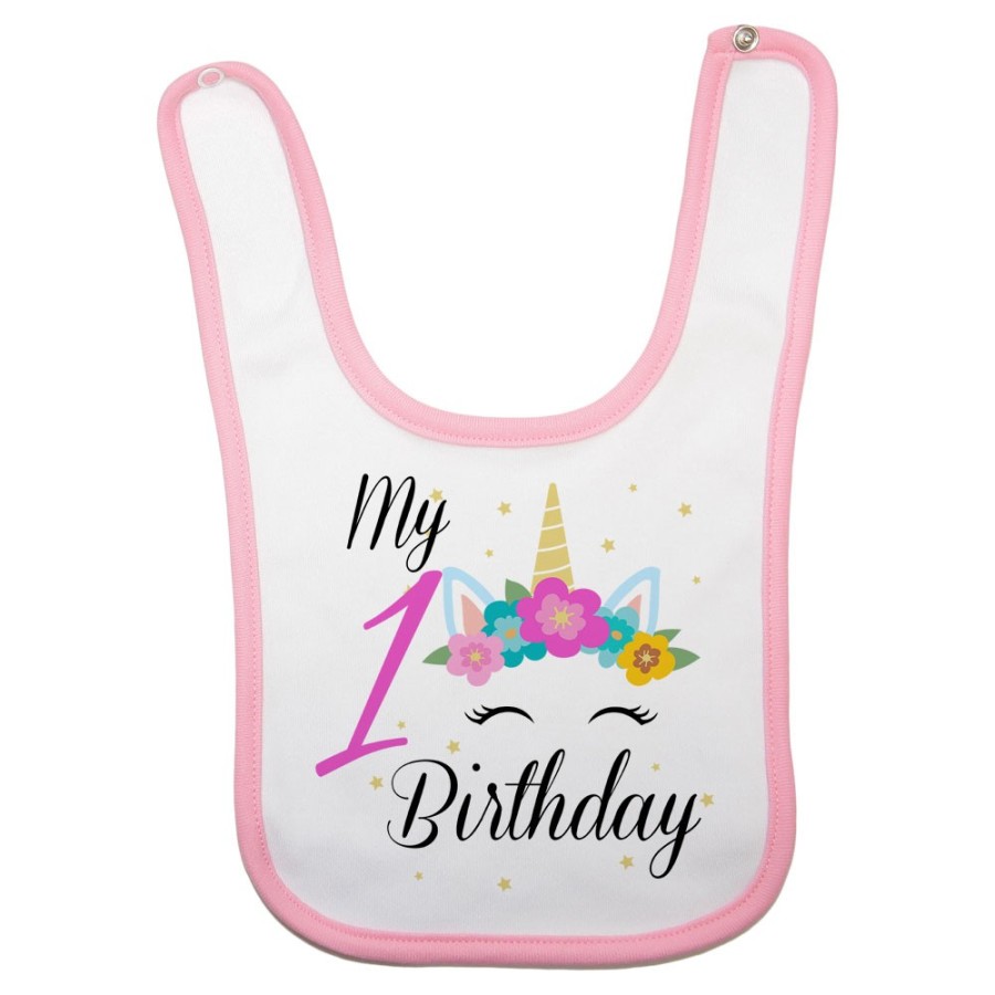 Bavaglino neonato personalizzabile con nome festa a tema unicorno e fiorellini Compleanno