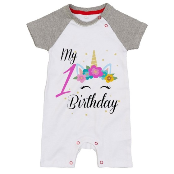 Pagliaccetto neonato personalizzabile con nome festa a tema unicorno e fiorellini Compleanno