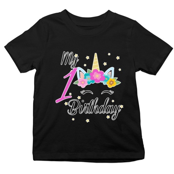 T-shirt bambino personalizzabile con nome festa a tema unicorno e fiorellini Compleanno