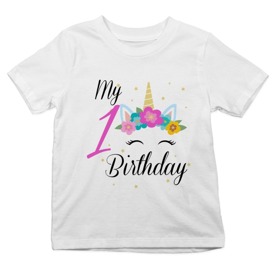 T-shirt bambino personalizzabile con nome festa a tema unicorno e fiorellini Compleanno