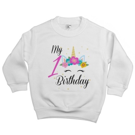 Felpa bambino personalizzabile con nome festa a tema unicorno e fiorellini Compleanno