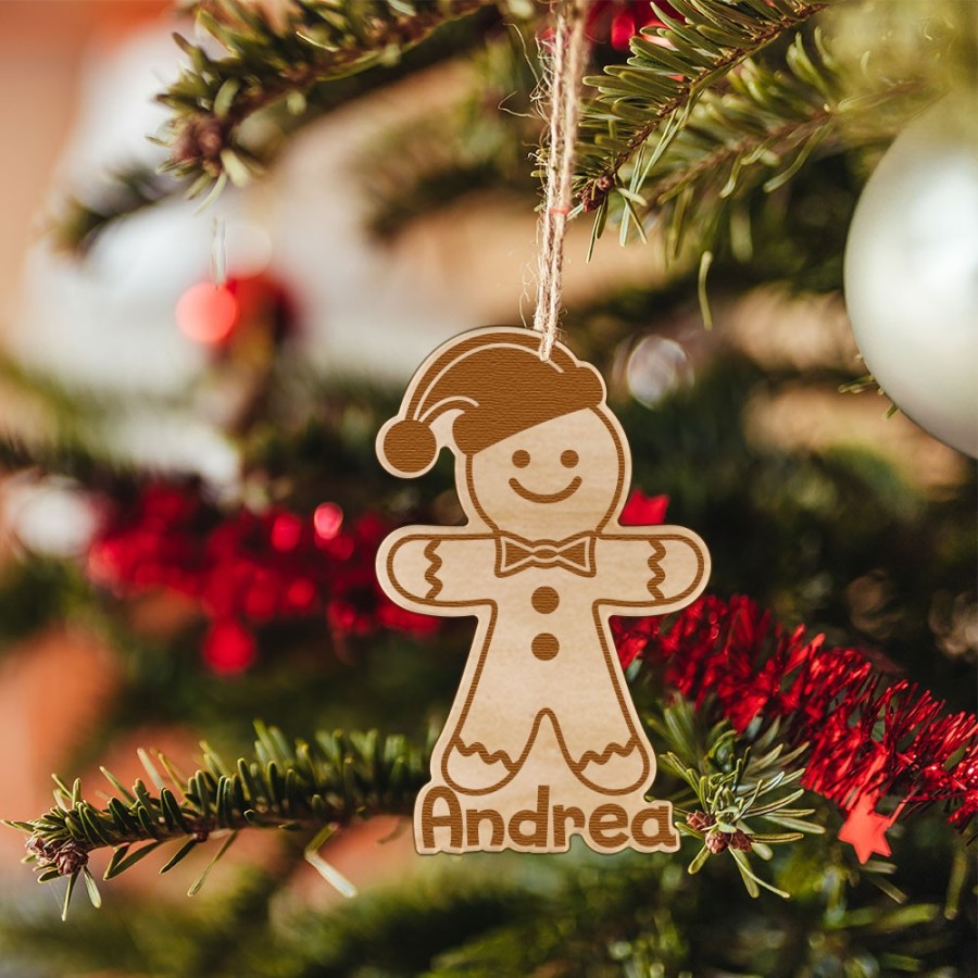Addobbo natalizio in legno inciso personalizzato con nome omino di pan di zenzero bambino Natale