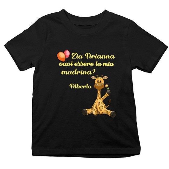 T-shirt bambino personalizzata  nome e giraffa vuoi essere la mia madrina? Per gli zii