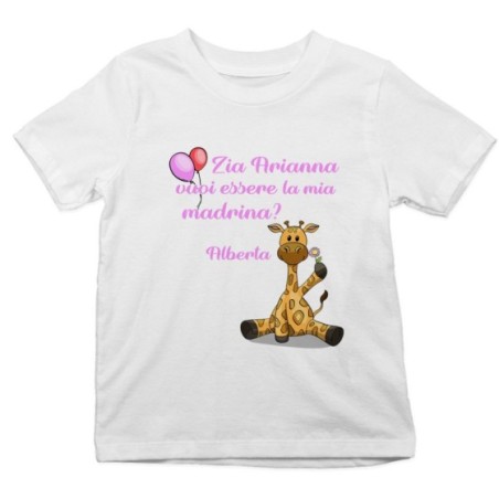 T-shirt bambino personalizzata  nome e giraffa vuoi essere la mia madrina? Per gli zii