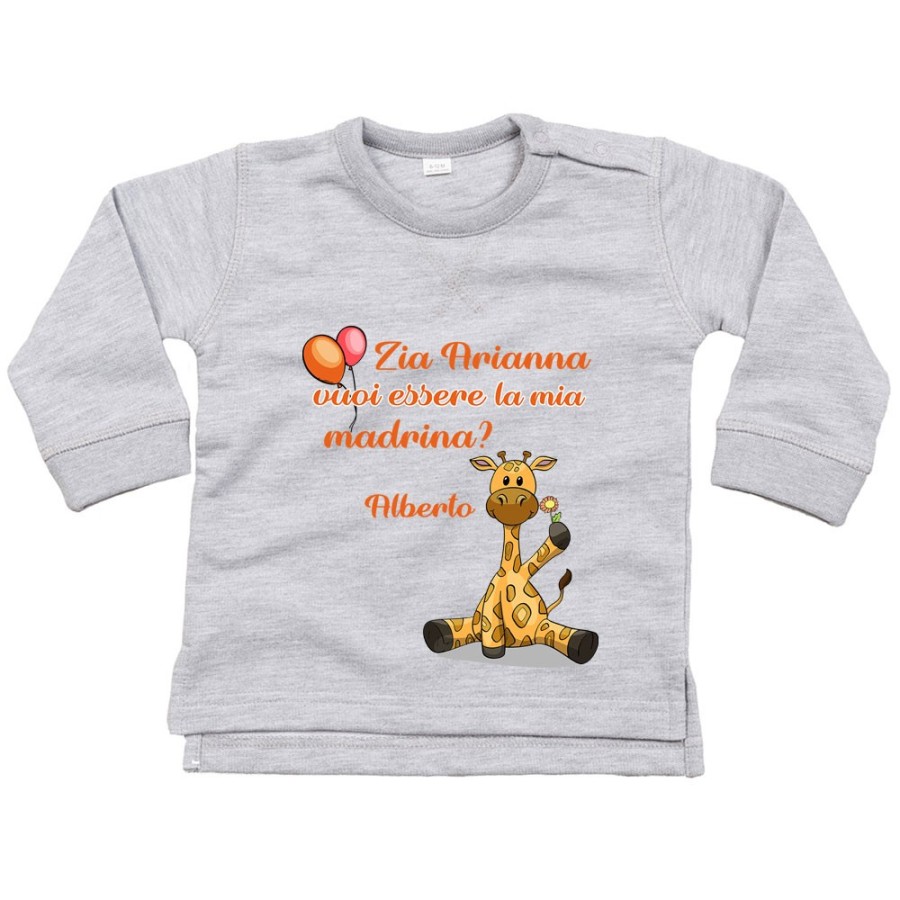Felpa neonato personalizzata  nome e giraffa vuoi essere il mio padrino? Per gli zii