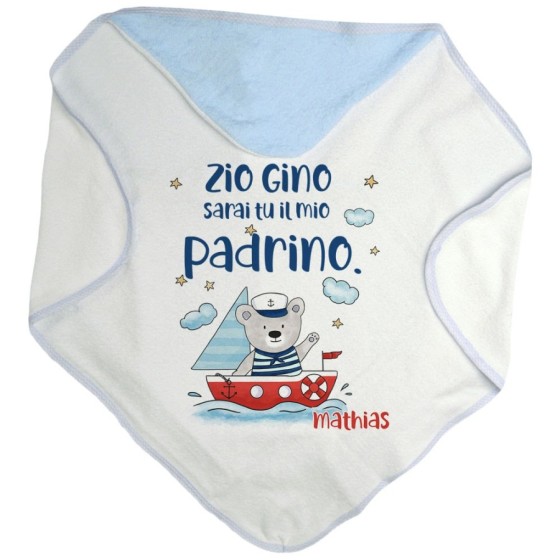Accappatoio neonato personalizzato  nome e orsetto sulla barchetta sarai tu il mio padrino Per gli zii