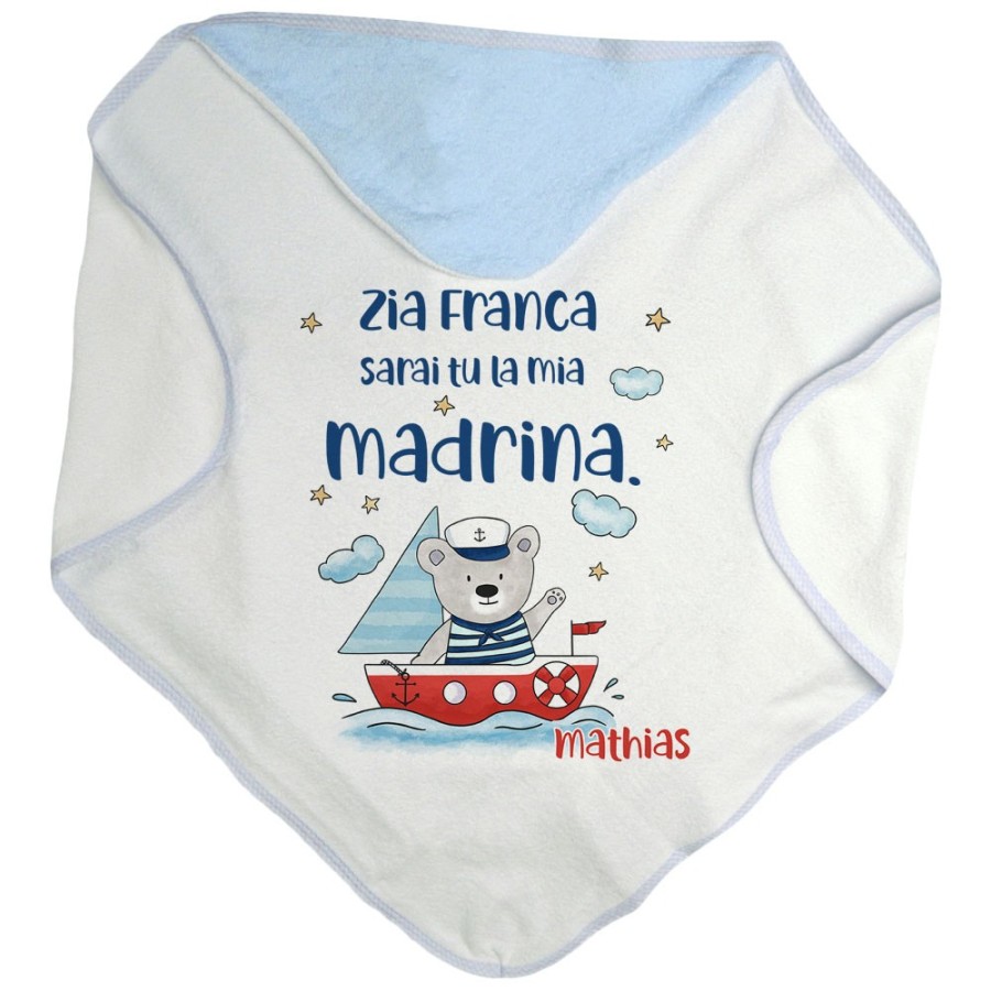 Accappatoio neonato personalizzato  nome e orsetto sulla barchetta sarai tu il mio padrino Per gli zii
