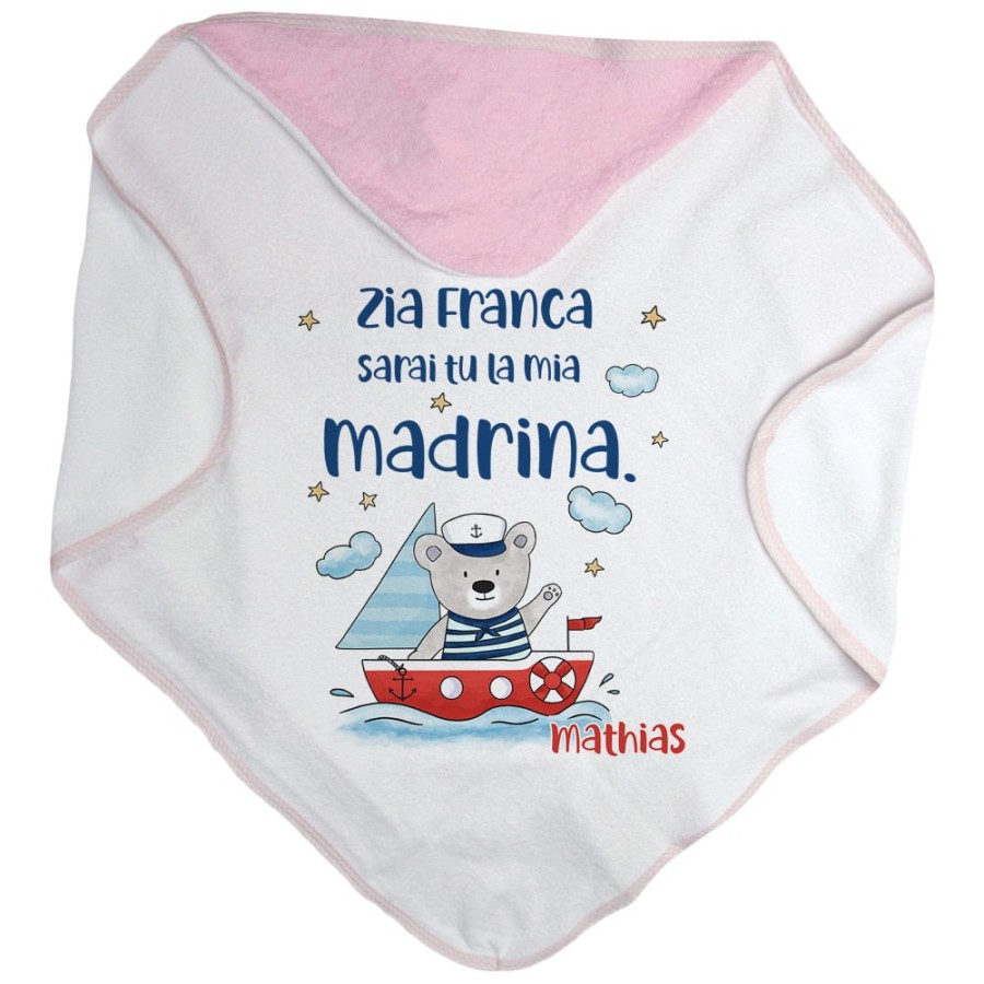Accappatoio neonato personalizzato  nome e orsetto sulla barchetta sarai tu il mio padrino Per gli zii