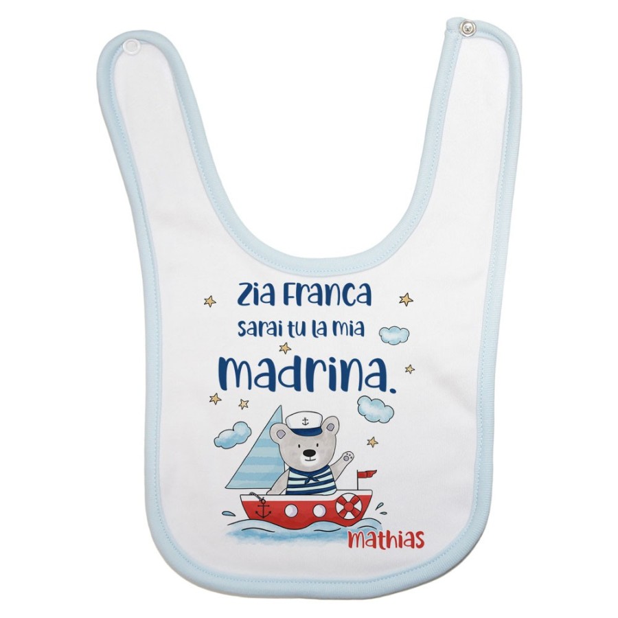 Bavaglino neonato personalizzato  nome e orsetto sulla barchetta sarai tu la mia madrina Per gli zii
