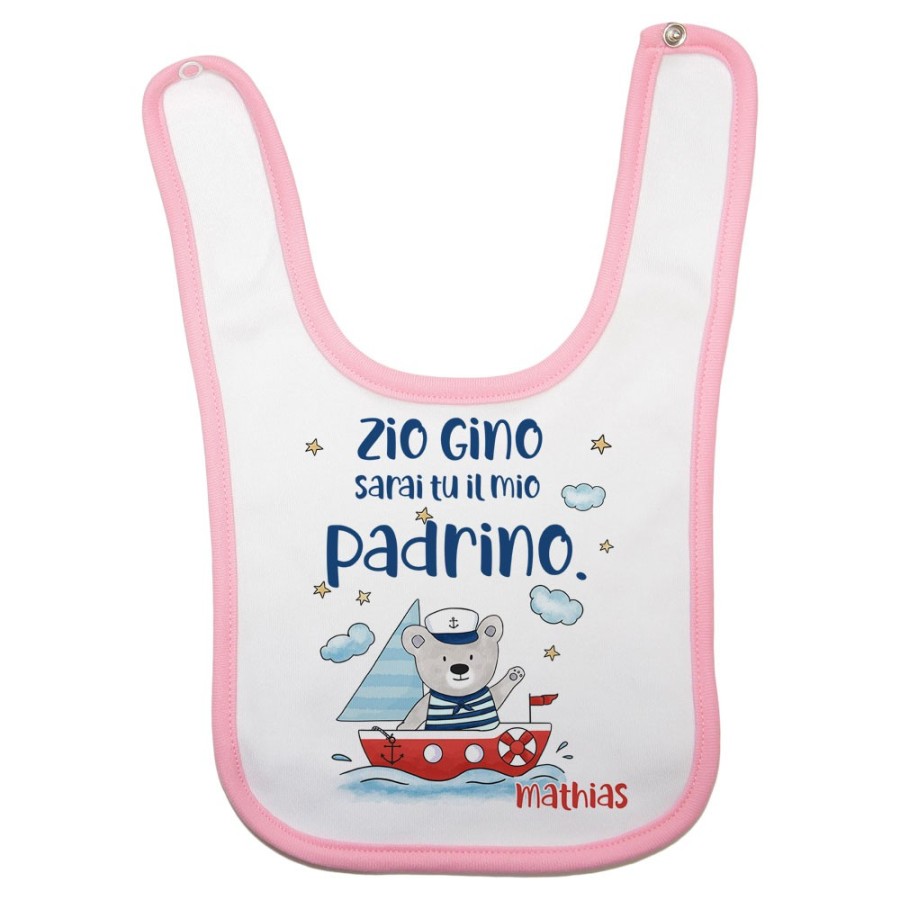 Bavaglino neonato personalizzato  nome e orsetto sulla barchetta sarai tu la mia madrina Per gli zii
