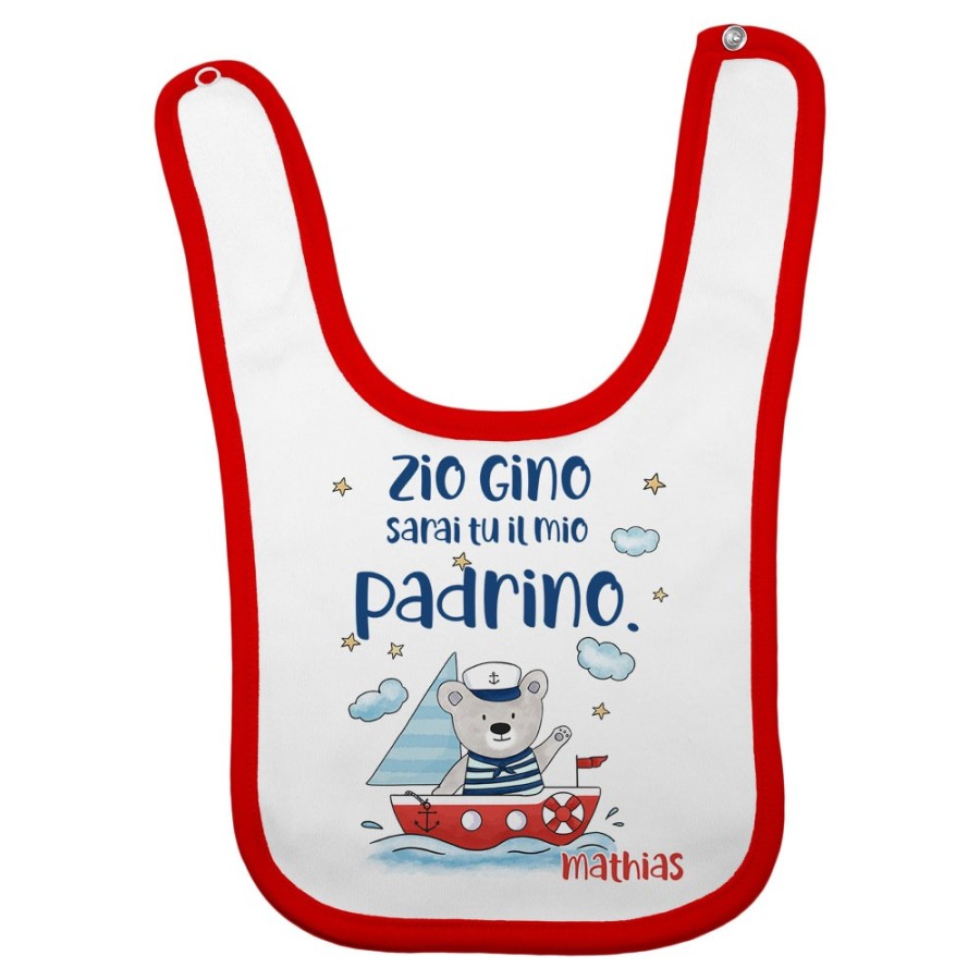 Bavaglino neonato personalizzato  nome e orsetto sulla barchetta sarai tu la mia madrina Per gli zii