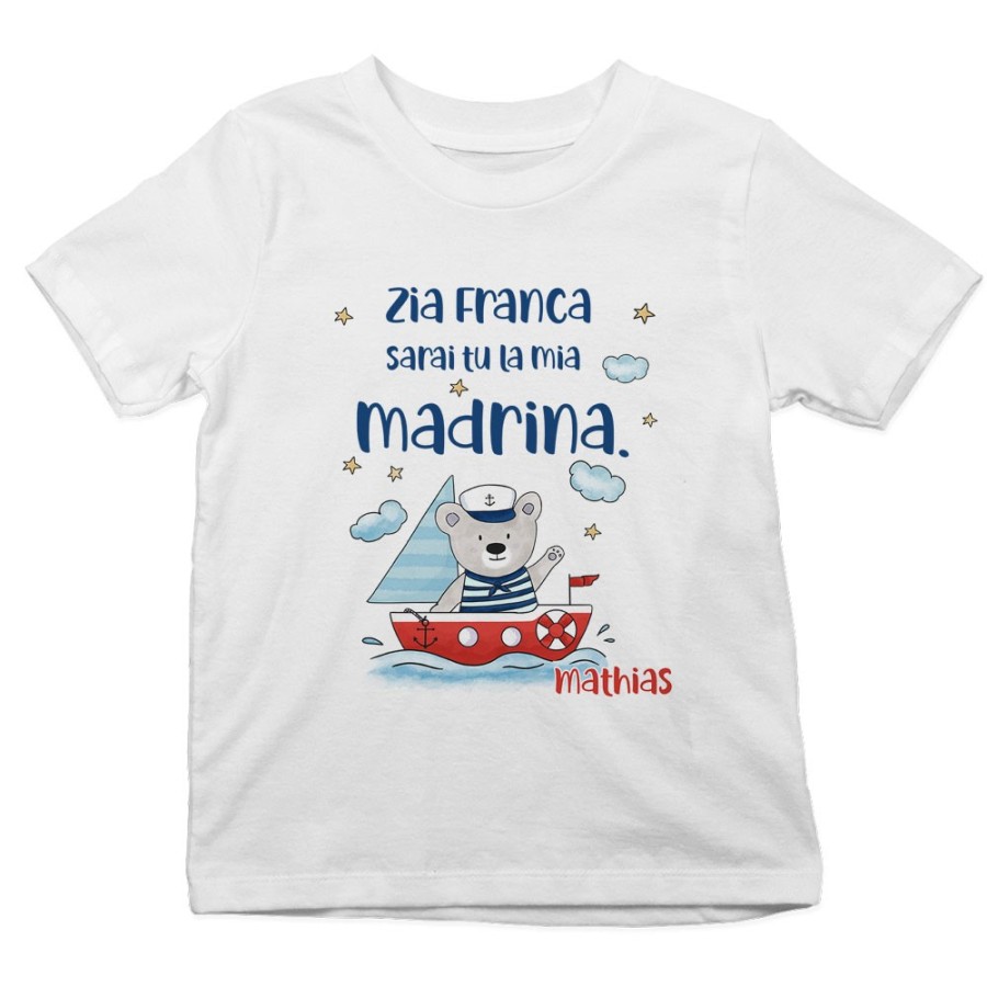 T-shirt bambino personalizzata  nome e orsetto sulla barchetta sarai tu la mia madrina Per gli zii