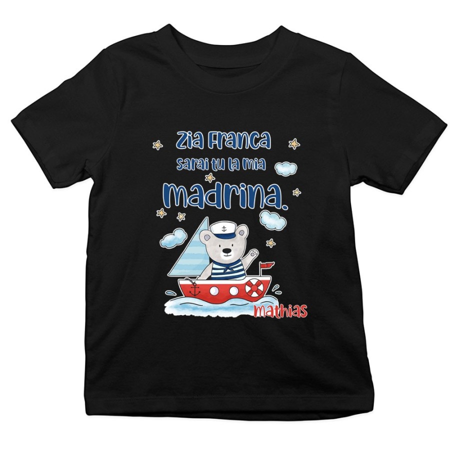 T-shirt bambino personalizzata  nome e orsetto sulla barchetta sarai tu la mia madrina Per gli zii