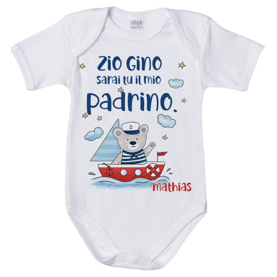 Body neonato personalizzato  nome e orsetto sulla barchetta sarai tu la mia madrina Per gli zii