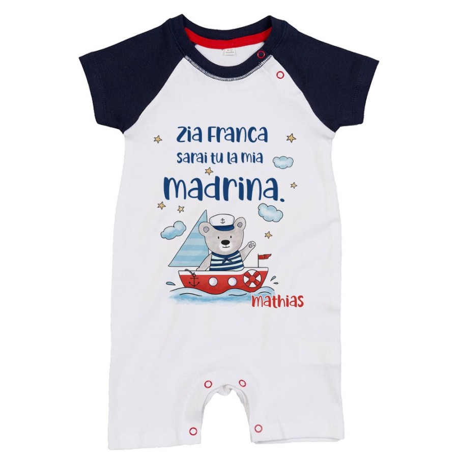 Pagliaccetto neonato personalizzato  nome e orsetto sulla barchetta sarai tu la mia madrina Per gli zii
