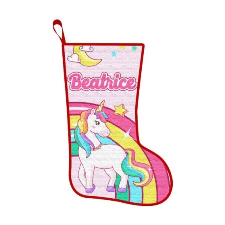 Calza befana personalizzata con nome unicorno sull'arcobaleno Unicorni