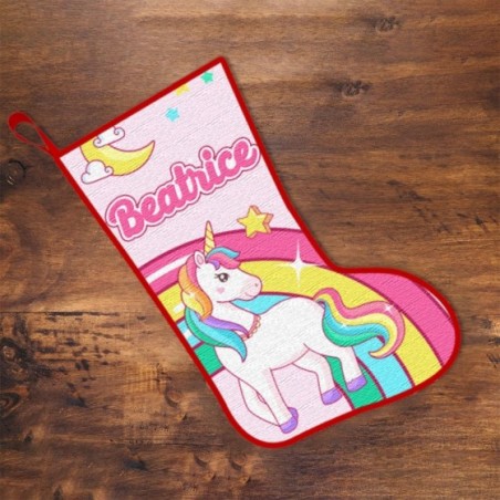Calza befana personalizzata con nome unicorno sull'arcobaleno Unicorni