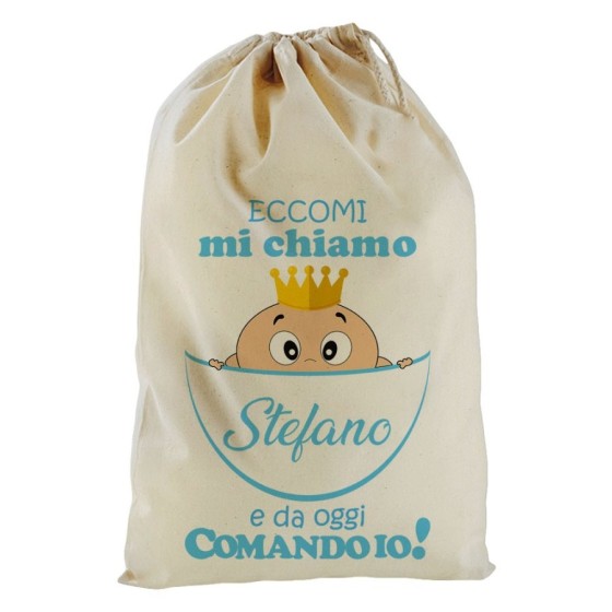 Sacchetto nascita bimbo personalizzato con nome eccomi da oggi comando io Divertenti