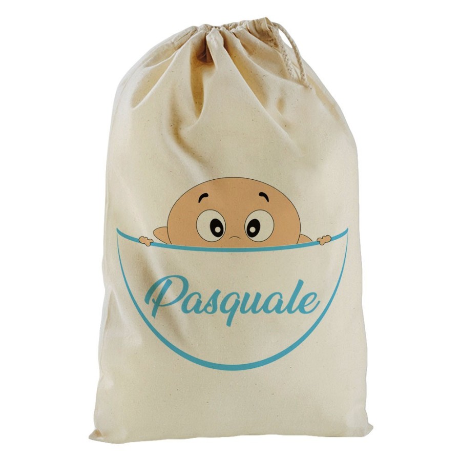 Sacchetto nascita bimbo personalizzato con nome bimbo che esce dalla tasca Divertenti