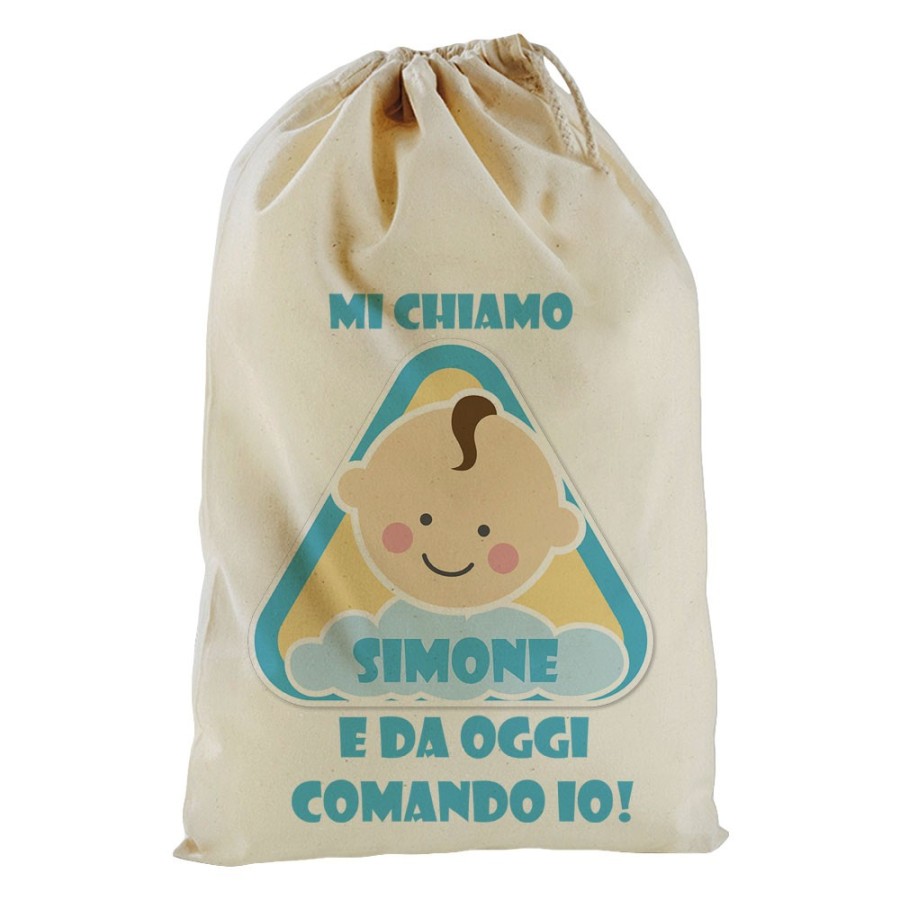 Sacchetto nascita bimbo personalizzato con nome eccomi e da oggi comando io Divertenti
