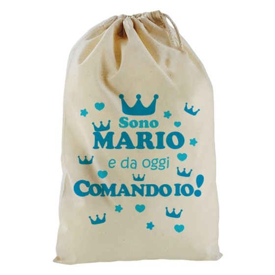 Sacchetto nascita bimbo personalizzato con nome da oggi comando io con corone Divertenti