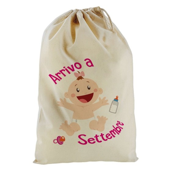 Sacchetto nascita bimbo personalizzato con mese bimbo bimba arriva a Divertenti