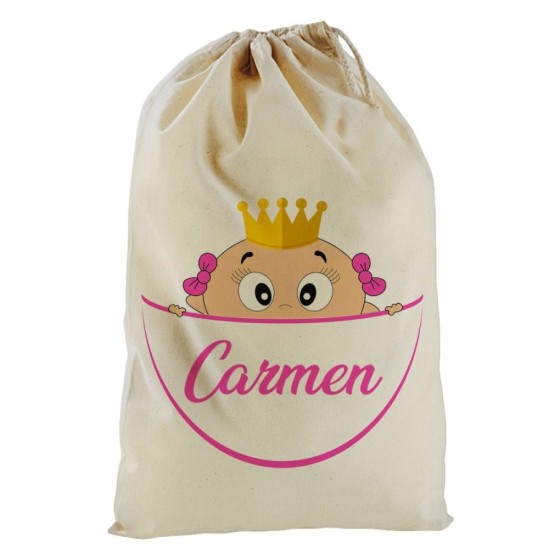 Sacchetto nascita bimbo personalizzato con nome bimbo bimba con la corona esce dalla tasca Divertenti