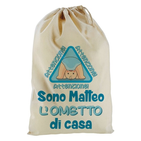 Sacchetto nascita bimbo personalizzato con nome attenzione sono l'ometto di casa Divertenti