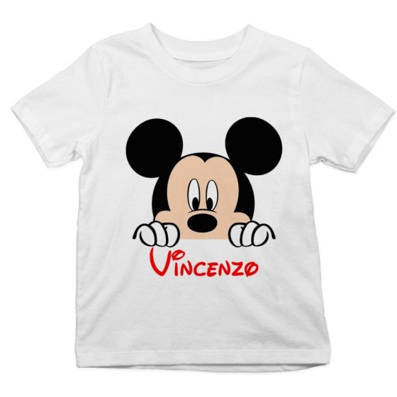 T-shirt bambino personalizzata con nome topolino che esce dalla tasca Cartoon
