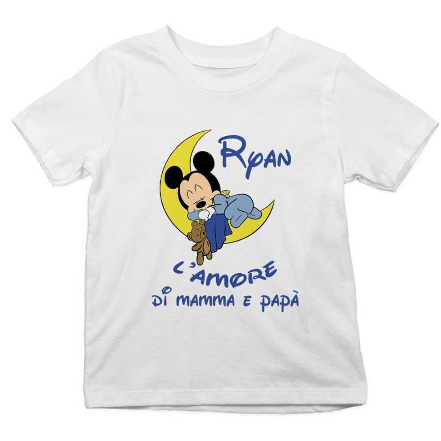 T-shirt bambino personalizzata con nome baby topolino sleeping l'amore di mamma e papà Cartoon