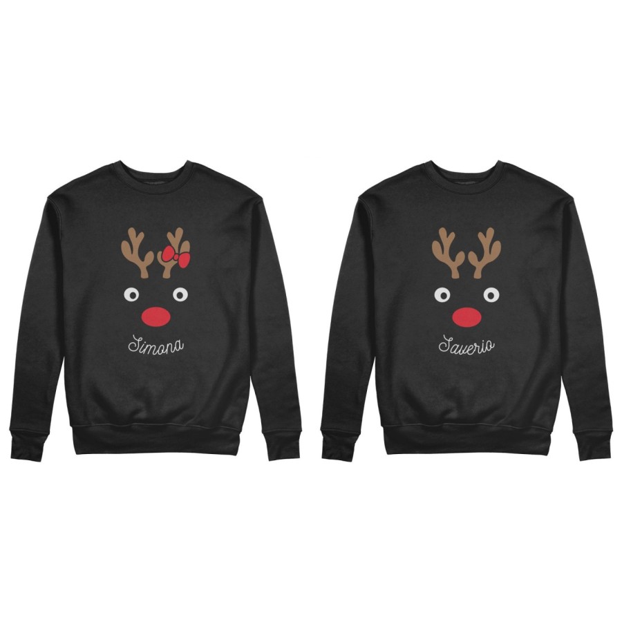 Coppia di felpe personalizzabili con nomi con renna natalizia Natale