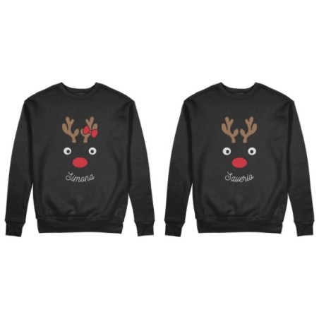 Coppia di felpe personalizzabili con nomi con renna natalizia Natale