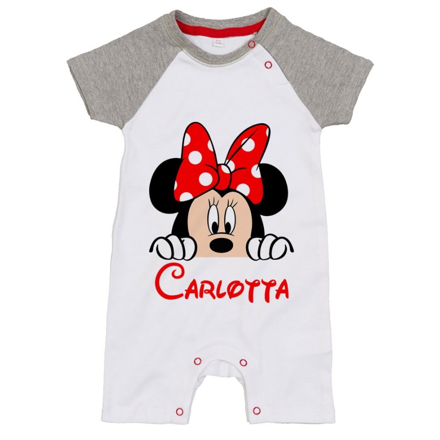 Pagliaccetto neonata personalizzato con nome minnie che esce dalla tasca Cartoon